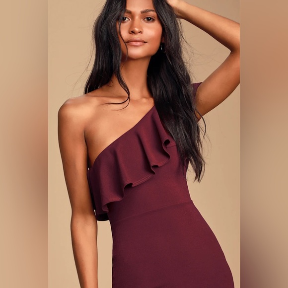 Lulu's One-Shoulder Maroon Form Fitting Long Dress - Picture 2 of 6